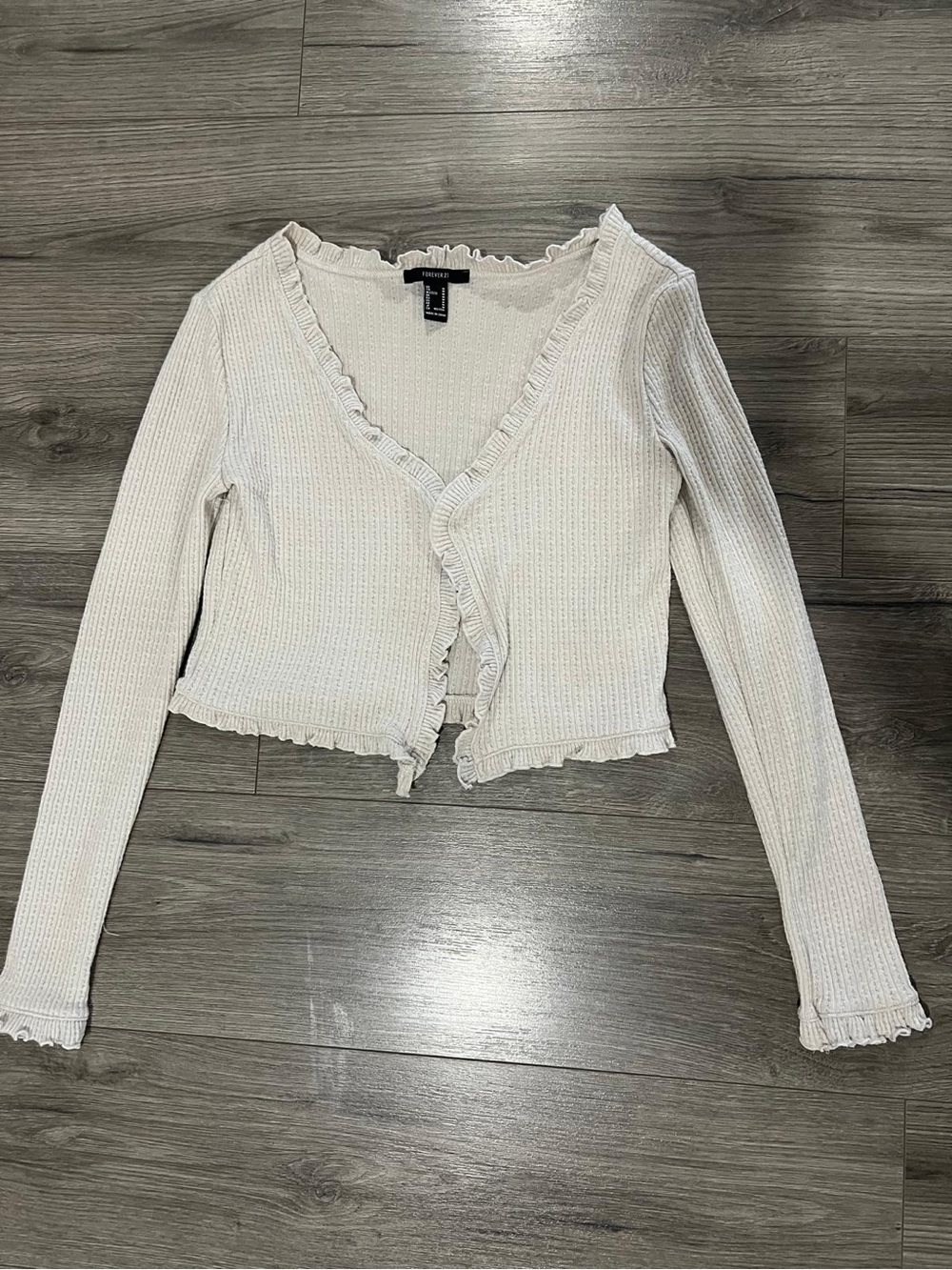 Forever 21 Cream Ruffle-Trim V-Neck Cardigan